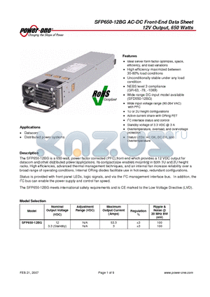 SFP650-12BG datasheet - AC-DC Front-End 12V Output, 650 Watts