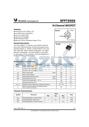 SFP70N06 datasheet - N-Channel MOSFET