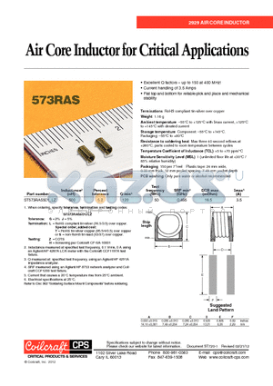 ST573RAS datasheet - Air Core Inductor for Critical Applications