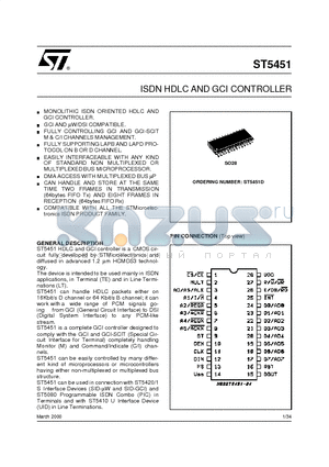 ST5451 datasheet - ISDN HDLC AND GCI CONTROLLER