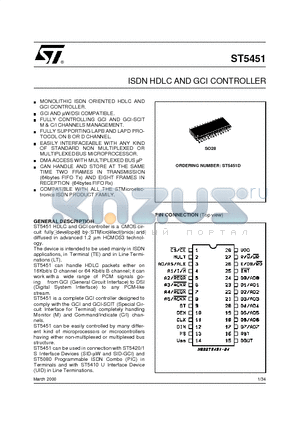 ST5451D datasheet - ISDN HDLC AND GCI CONTROLLER