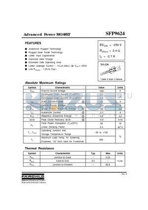 SFP9624 datasheet - Advanced Power MOSFET (-250V, 2.4ohm, -2.7A)