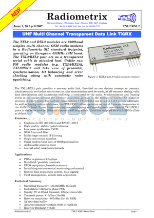 RXL2-433-9 datasheet - UHF Multi Channel Transparent Data Link TX/RX