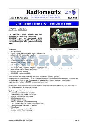 RXM-UHF datasheet - UHF Radio Telemetry Receiver Module
