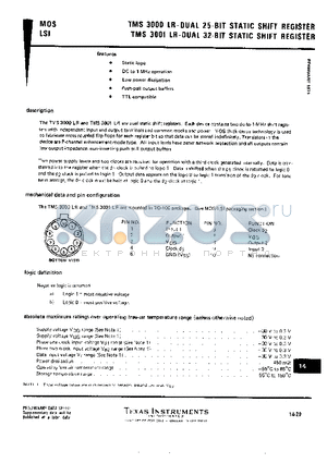 TMS3001 datasheet - DUAL 25-BIT STATIC SHIFT REGISTER