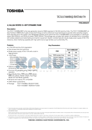 TC5117400BST-70 datasheet - 4,194,304 WORD X 4 BIT DYNAMIC RAM