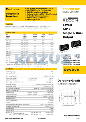 RXXPXX datasheet - 1 Watt SIP 7 Single & Dual Output