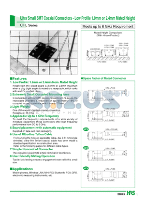 UFL-2LP-068-A-L datasheet - Ultra Small SMT Coaxial Connectors - Low Profile 1.9mm or 2.4mm Mated Height