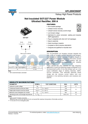 UFL200CB60P datasheet - Not Insulated SOT-227 Power Module Ultrafast Rectifier, 200 A