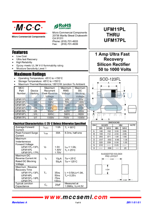 UFM11PL datasheet - 1 Amp Ultra Fast Recovery Silicon Rectifier 50 to 1000 Volts