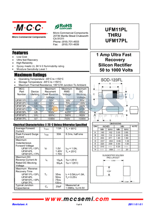 UFM17PL datasheet - 1 Amp Ultra Fast Recovery Silicon Rectifier 50 to 1000 Volts