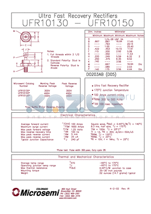 UFR10130 datasheet - ULTRA FAST RECOVERY RECTIFIERS