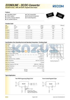 RY-XX09D datasheet - ECONOLINE - DC/DC-Converter, 1 Watt, DIP14/SIP7, Regulated (Dual Output)
