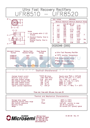 UFR8510 datasheet - ULTRA FAST RECOVERY RECTIFIER