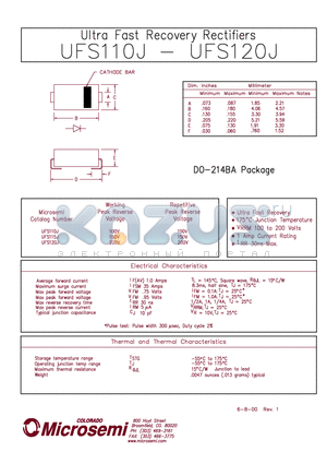 UFS115J datasheet - ULTRA FAST RECOVERY RECTIFIERS