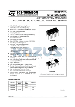 ST6252BM1 datasheet - 8-BIT OTP/EPROM MCUs WITH A/D CONVERTER, AUTO-RELOAD TIMER AND EEPROM