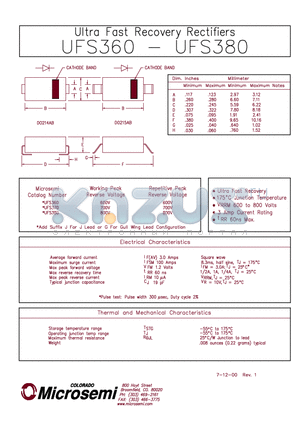 UFS360 datasheet - ULTRA FAST RECOVERY RECTIFIERS