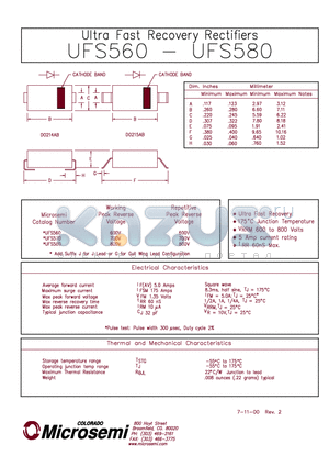 UFS560 datasheet - ULTRA FAST RECOVERY RECTIFIERS