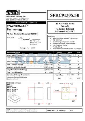 SFRC9130S.5B datasheet - 10 AMP /100 Volts 300 mY Radiation Tolerant P-Channel MOSFET