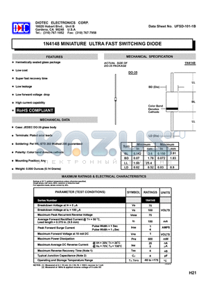 UFSD-101-1B datasheet - 1N4148 MINIATURE ULTRA FAST SWITCHING DIODE