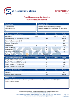 SFS0792C-LF datasheet - Fixed Frequency Synthesizer