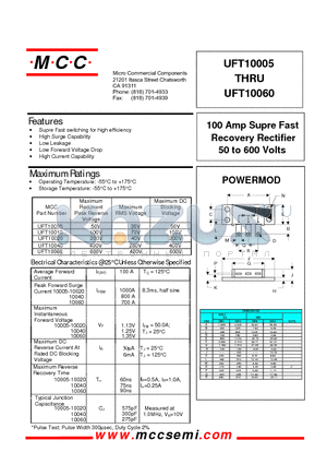 UFT10005 datasheet - 100 Amp Supre Fast Recovery Rectifier 50 to 600 Volts