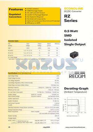 RZ-1505S/P datasheet - 0.5 Watt SMD Isolated Single Output