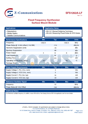 SFS1262A-LF_11 datasheet - Fixed Frequency Synthesizer Surface Mount Module