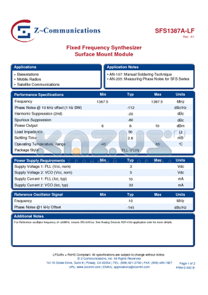 SFS1387A-LF_11 datasheet - Fixed Frequency Synthesizer Surface Mount Module