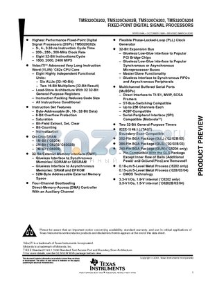 TMS320C6202BGNY250 datasheet - FIXED-POINT DIGITAL SIGNAL PROCESSORS