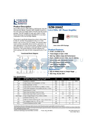 SZM-2066Z datasheet - 2.4-2.7GHz 2W Power Amplifier