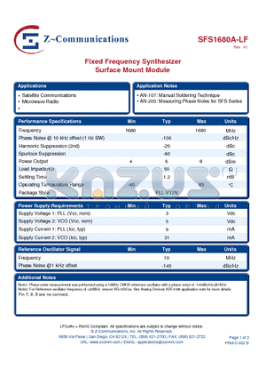 SFS1680A-LF datasheet - Fixed Frequency Synthesizer Surface Mount Module