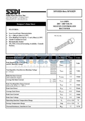 SFS1826 datasheet - 1.6 AMPS 200  400 VOLTS SILICON CONTROLLED RECTIFIER