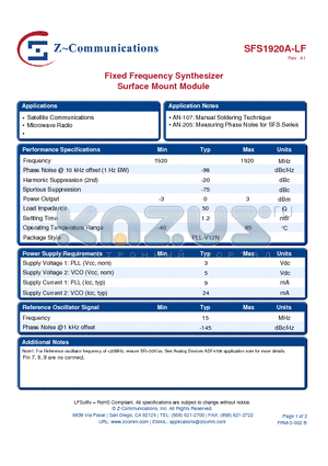 SFS1920A-LF datasheet - Fixed Frequency Synthesizer Surface Mount Module