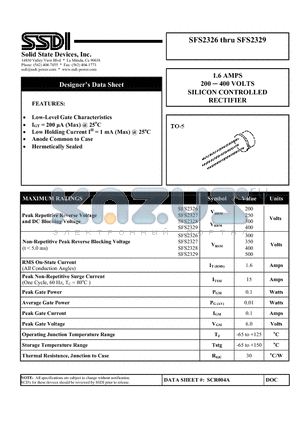 SFS2326 datasheet - 1.6 AMPS 200 - 400 VOLTS SILICON CONTROLLED RECTIFIER