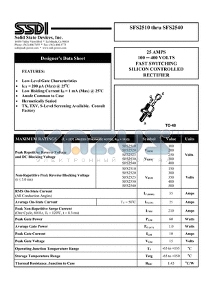 SFS2540 datasheet - 25 AMPS  100  400 VOLTS FAST SWITCHING SILICON CONTROLLED RECTIFIER