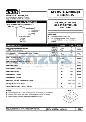 SFS3027 datasheet - 0.5 AMP, 30 - 100 Volt SILICON CONTROLLED RECTIFIER