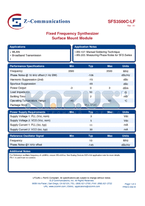 SFS3500C-LF datasheet - Fixed Frequency Synthesizer Surface Mount Module