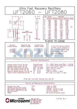 UFT2060 datasheet - ULTRA FAST RECOVERY RECTIFIERS