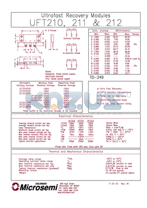 UFT21020 datasheet - ULTRA FAST RECOVERY RECTIFIERS