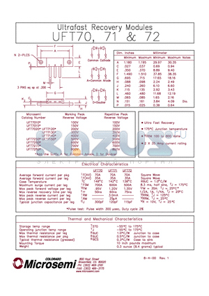 UFT70 datasheet - ULTRA FAST RECOVERY MODULES