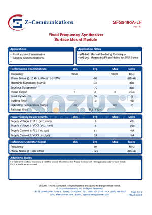 SFS5490A-LF datasheet - Fixed Frequency Synthesizer