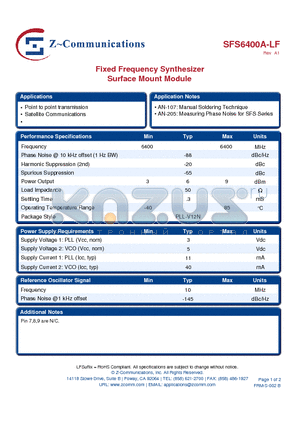 SFS6400A-LF datasheet - Fixed Frequency Synthesizer