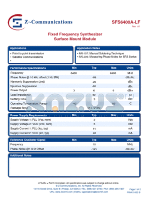 SFS6400A-LF_11 datasheet - Fixed Frequency Synthesizer Surface Mount Module