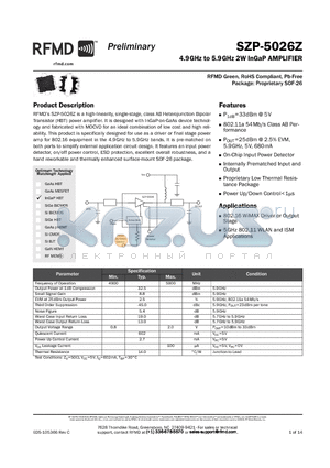 SZP-5026Z datasheet - 4.9GHz to 5.9GHz 2W InGaP AMPLIFIER