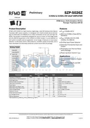SZP-5026Z-EVB2 datasheet - 4.9GHz to 5.9GHz 2W InGaP AMPLIFIER