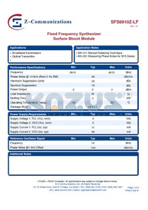 SFS8910Z-LF datasheet - Fixed Frequency Synthesizer Surface Mount Module