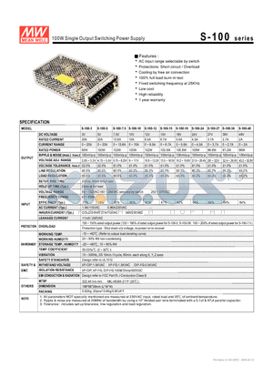 S-100-10 datasheet - 100W Single Output Switching Power Supply