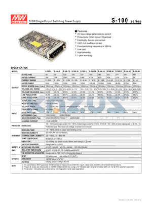 S-100-27 datasheet - 100W Single Output Switching Power Supply