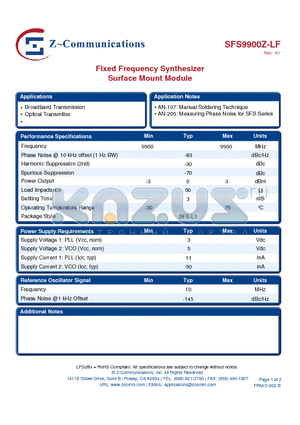 SFS9900Z-LF datasheet - Fixed Frequency Synthesizer Surface Mount Module